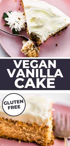 vegan vanilla cake with cream cheese frosting on top and the words gluten free below