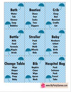 printable baby shower game with blue umbrellas