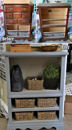 before and after photos of an old dresser with baskets on top, then the bottom shelf