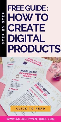 the free guide to how to create digital products with gold glitters on pink background