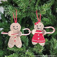 two crocheted christmas ornaments hanging from a tree with candy canes in their hands