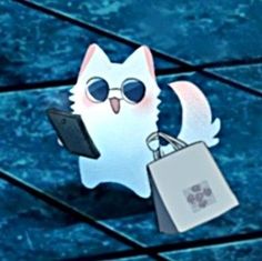 a white cat with sunglasses holding a shopping bag