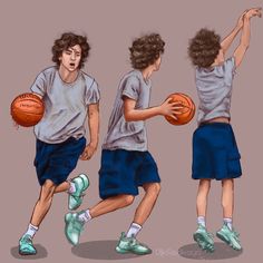 three different views of a young man holding a basketball