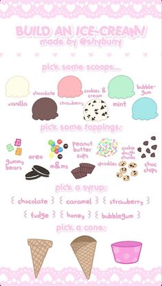 an ice cream poster is shown with different types of scoops and toppings on it