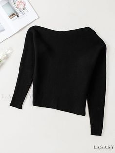 Lasaky - Womens Casual Off-Shoulder Crew Neck Sweater: Loose-fitting Long Sleeve Knit Sweater for Fall and Winter Season Black Stretch Off-shoulder Sweater, Fitted Off-shoulder Sweater, Solid Stretch Off-shoulder Sweater, Black Off-shoulder Sweater For Spring, Winter Knit Tops With Boat Neck, Winter Knit Top With Boat Neck, Black Stretch Off-shoulder Knit Top, Solid Color Knit Off-shoulder Top, Solid Knit Off-shoulder Top