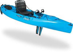 a blue kayak with an outboard motor and two seats on the front end