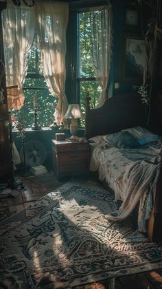 a bedroom with a bed, dresser and window in it's corner is lit by sunlight coming through the windows