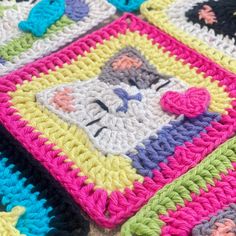 a crocheted square with a cat face on the front and bottom, in multi - colored yarn