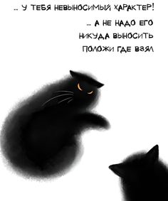 two black cats sitting next to each other in front of a white background with words written below