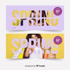 two purple and yellow spring sale banners with woman holding shopping bags in front of her face