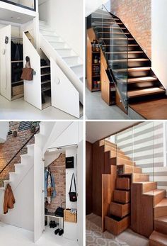 there are four pictures of the stairs in this house, and one has a handbag on it