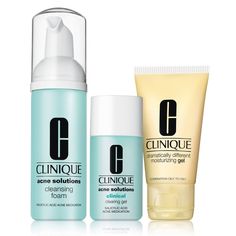 Clinique's Acne Solutions™ Fix It Kit is an acne-fighting travel set to help clear blemishes, unclog pores, and reduce excess oil. Acne Solutions™ Clinical Clearing Gel gets results as good as a leading topical prescription in clearing acne (in a 12 week clinical study). Mild, medicated Acne Solutions™ Cleansing Foam helps clear and prevent acne by gently removing dirt and excess oil. Oil-free Dramatically Different™ Gel softens, smooths, and lightly hydrates. Set includes: • Acne Solutions™ Cle Clinique Acne, Clinique Acne Solutions, Clinique Skincare, Salicylic Acid Acne, Acne Shop, Acne Solutions, Skin Essentials, Acne Blemishes, Clear Acne