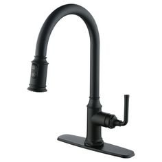 a black kitchen faucet with two handles and an overflowing spout