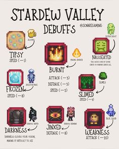 the stardew valley debuffs in different styles and sizes, with instructions for each