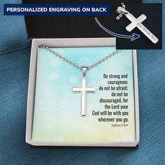 Wear your faith proudly with this Personalized Cross Necklace. Perfect for special occasions or everyday wear, our Personalized Cross Necklace is a wonderful gift idea for you or your loved one. The gorgeous pendant can be further personalized on the back with a name, date, or short message, up to 20 characters. This is a gift that will surely be treasured for years to come! Sizing is appropriate for all ages, and tasteful for both men and women. Crafted in high polished stainless steel, this pi Gift Stainless Steel Cross Pendant Necklace, Personalized Cross Necklace For Father's Day, Customizable Cross-shaped Jewelry For Gifts, Name-engraved Cross Pendant Jewelry Gift, Best Family Gifts, Personalized Cross Necklace, Nickel-free Sterling Silver Cross Necklace For Gift, Personalized Cross, Short Messages