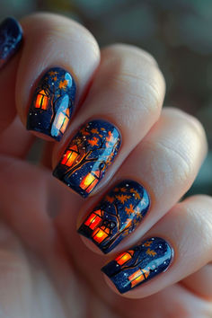 Twilight Lanterns Nail Design Ideas For November Chicken Nails, November Nail Art, Halloween Nail Designs, Luxury Nails, Fall Nail, Funky Nails, Fall Nail Designs