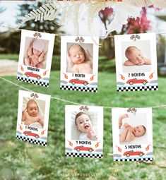 a baby's first year photo hanging on a clothes line in front of some grass