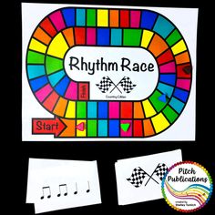 the rhythm race game is shown with music notes and note cards on it