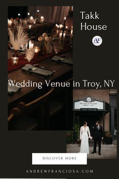 the wedding venue in troy, ny is set up with candles and flowers for guests