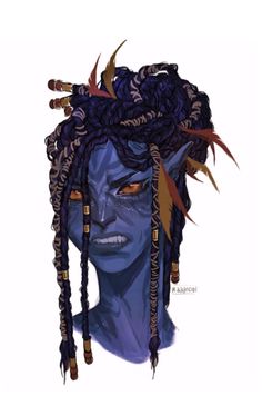 a drawing of a woman with braids on her head and blue skin, wearing an elaborate