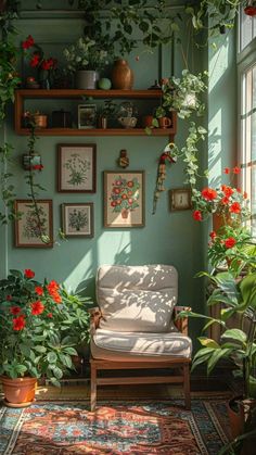 a room filled with lots of plants and potted plants next to a chair in front of a window