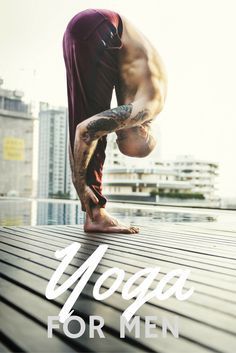 a man doing yoga on top of a wooden floor with the words yoga for men in front of him