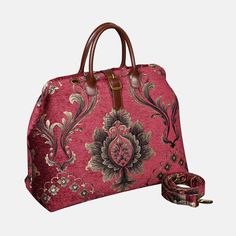 With a nod to the Victorian era, MCW’s freshly combines the classic and elegant design of the traditional carpet bag with a textural and tactile twist.The main body of the bags is made with thick chenille carpets. The handles and belts are genuine leather with heavy cotton canvas lining. Six bronze stands at the bottom allow the bag to stand stably. Every bag comes with a detachable and adjustable shoulder strap (55 inches) made from the same chenille as the bag and fixed with high-quality bronz Luxury Red Bags With Adjustable Handle, Red Tapestry Bag With Rectangular Shape, Red Tapestry Bag, Rectangular Shape, Red Tapestry Bags With Rectangular Shape, Red Tapestry Rectangular Bag, Victorian Carpet, Traditional Carpet, Carpet Bag, Leather Travel Bag