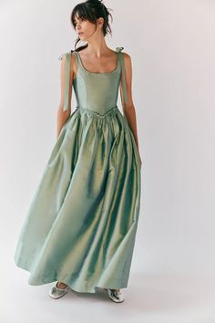 Louise New York Marie Dress | Free People Unique Corset Prom Dresses, Light Green Floor Length Dress, Corset Drop Waist Dress, Drop Waist Wedding Guest Dress, Drop Waist Corset Dress, Fun Wedding Guest Dress, Sage Green Wedding Guest Dress, Moss Green Dress, Corset Formal Dress