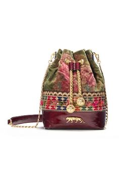 Alhambra bucket bag with floral patterns, sequins, thread and stone work, gold-tone signature Royal Bengal Tiger carved brand logo with braided metallic drawcord with medallions. Comes with detachable sling. - Aza Fashions Sabyasachi Collection, Bridal Wardrobe, Sabyasachi Bride, Sabyasachi Lehenga, Sabyasachi Jewellery, Summer Bride, Bridal Outfit, Bridal Bag, Potli Bags