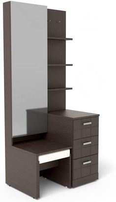 an office desk with drawers and a mirror on it's side, in front of a white background