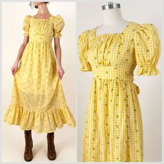 70s yellow gingham prairie dress with floral embroidery. Puff sleeves, tie-back waist, ruffle hem and back zipper. Semi-sheer fabric - may need a slip underneath. In great vintage condition - please see photos.  All measurements are taken with the garment laying flat and doubled for the bust, waist, and hips.  Bust: 31" - 32" gathered bust Empire Waist (taken at top of waistband): 26" Natural Waist (taken at bottom of waistband): 24" Shoulder top of waistband: 10.5" Hips: free Shoulder to Should Luxury Fitted Prairie Dress For Spring, Luxury Fitted Elegant Prairie Dress, Luxury Fitted Romantic Prairie Dress, Fitted Prairie Dress With Puff Sleeves For Spring, Vintage Yellow Puff Sleeve Dress, Spring Peasant Prairie Dress With Square Neck, Spring Cotton Prairie Dress With Square Neck, Spring Square Neck Prairie Dress In Cotton, Spring Retro Fitted Prairie Dress