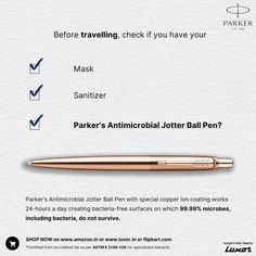 an advertisement for parker's antimicrolial jotter ball pen, with instructions on how to use it