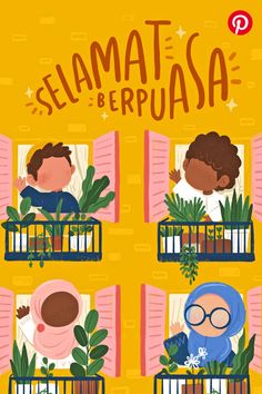 an illustrated poster with three people sitting in their windows and the words selamati berpuaa