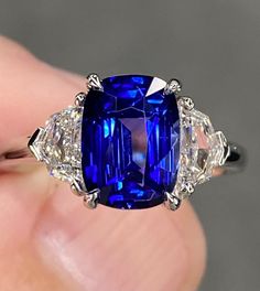 Exceptional GIA 4.3 Ctw Royal Blue Sapphire & D VVS Diamond Platinum Ring Cushion Three Stone Elongated Art Deco - Etsy Vvs Diamond, Platinum Diamond Rings, Cushion Ring, Golden Ring, Blue Sapphire Diamond, Platinum Ring, Three Stone Rings, Fantasy Jewelry, Sapphire Diamond