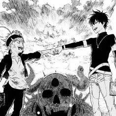 two anime characters holding hands in front of a skull