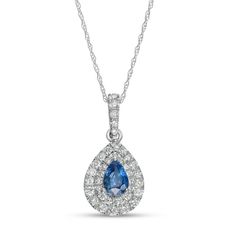 Fashioned in 14K white gold, this 3/8 ct. t.w. diamond double frame pendant features a 6.0 x 4.0mm pear-shaped blue sapphire center stone. The pendant suspends along an 18.0-inch rope chain that secures with a spring-ring clasp. Fine Sapphire Jewelry With Pave Setting, Sapphire Platinum Jewelry With Pave Setting, Fine Jewelry Sapphire With Pave Setting, Timeless Sapphire Jewelry With Diamond Accents, Sapphire Diamond Jewelry With Pave Setting, Elegant Blue Diamond Pendant Necklace, Classic Diamond Necklace With Sapphire, White Gold Sapphire Jewelry With Pave Setting, Elegant Blue Diamond Necklace With Diamond Accents