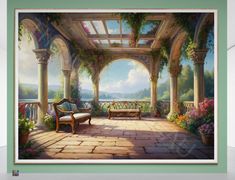 a painting of a porch with a bench and flowers