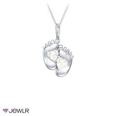 Celebrate the arrival of a new baby with this beautiful baby foot pendant! The two sparkling heart-shaped gemstones are customizable with birthstones, and you can engrave the feet with names or birthdates for that special personal touch. Perfect as a baby shower gift, push present, or a token of appreciation for someone special, make the Engravable Baby Foot Pendant yours today! White Gold Birthstone Necklace With Heart Pendant, White Gold Heart-shaped Birthstone Necklace, Personalized White Gold Heart Pendant Birthstone Necklace, Baby Jewelry Gold Newborn Boy, Baby Jewelry Gold Newborn, Baby Anklets Silver, Memorial Necklace Baby, Silver Jewelry With Paw Print For Personalized Gift, Push Presents