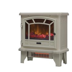 an electric fireplace with the door open and fire burning in it's side panel