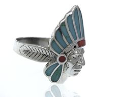 Turquoise and Coral inlaid in a sterling silver setting chief head. Material: .925 Silver, Turquoise, Coral Southwestern Polished Turquoise Ring Collectible, Traditional Turquoise Inlay Ring, Traditional Silver Turquoise Ring With Inlay, Turquoise And Coral, Head Ring, Ring Sale, Stunning Jewellery, Silver Turquoise, 925 Silver