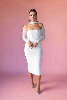 Mesh Boning Illusion | White Midi Fitted Nylon Tops With Zipper Closure, Elegant Fitted Tops With Zipper Closure, Zipper Neck, White Midi, Sheer Sleeves, Large White, Large Black, White And Black, White Dress