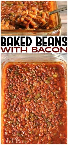 baked beans with bacon in a glass casserole dish and then topped with cheese