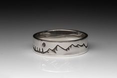 Sterling Silver. 6.5mm width. Mountains, trees and a full moon. What else do you need? *All pieces are made to order* Mountain Ring, Mountain Jewelry, Bozeman Mt, Products Photography, Beautiful Lighthouse, Pinterest Ideas, The Wilderness, Silver Band Ring, Men's Rings