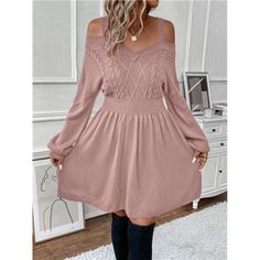 Introducing The Cut-Out Spaghetti Strap Sweater Dress In Elegant Nude Pink. This Dress Features An Alluring Spaghetti Strap Neckline And Long Cold Shoulder Sleeves, Blending Sophistication With A Touch Of Modern Flair. The High Waistline And Flared Hem Create A Flattering Knee-Length Silhouette, While The Loose Fit And Slight Stretch Fabric Ensure Both Comfort And Flexibility. Non-Sheer And Stylishly Designed, This Dress Is A Chic Addition To Any Wardrobe, Perfect For Making A Statement At A Var Casual Off-shoulder Mini Dress For Winter, Casual Spaghetti Strap Dresses For Fall, Fall Off-shoulder Mini Dress For Brunch, Casual Off-shoulder Sweater Dress For Party, Casual Off-shoulder Sweater Dress For Spring, Pink Off-shoulder Mini Dress For Fall, Casual Off-shoulder Sweater Dress For Winter, Casual Off-shoulder Winter Sweater Dress, Casual Mini Dress With Spaghetti Straps For Fall