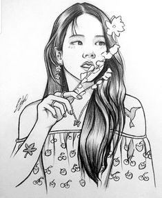 a drawing of a woman brushing her teeth with a toothbrush in her hand and holding a flower in her mouth