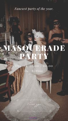 the masquerade party poster is shown with people in formal attire and masks around it