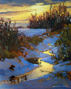 a painting of snow covered ground with trees and bushes in the foreground at sunset