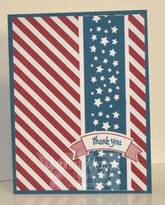 an american flag card with the words thank you written in red, white and blue