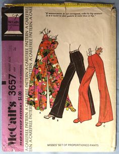 McCall's 3657.   Vintage 1973 palazzo pants and flared pants with or without cuffs pattern.   Size: Waist 26.5", Hip 36" (SZ 12). Pattern is cut and complete.  In good condition. As described, "Pants have left side zipper.  Self cuffed pants B have carriers and back patch pockets." Classic 70's Mod pants - very flared and even more flared for palazzo pants. Bell Pants Pattern, Bell Pants, Vintage 1973, Palazzo Pant, Cuffed Pants, Flared Pants, Back Patch, Pants Pattern, Palazzo Pants