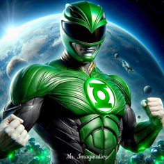 the green lantern is standing in front of a planet